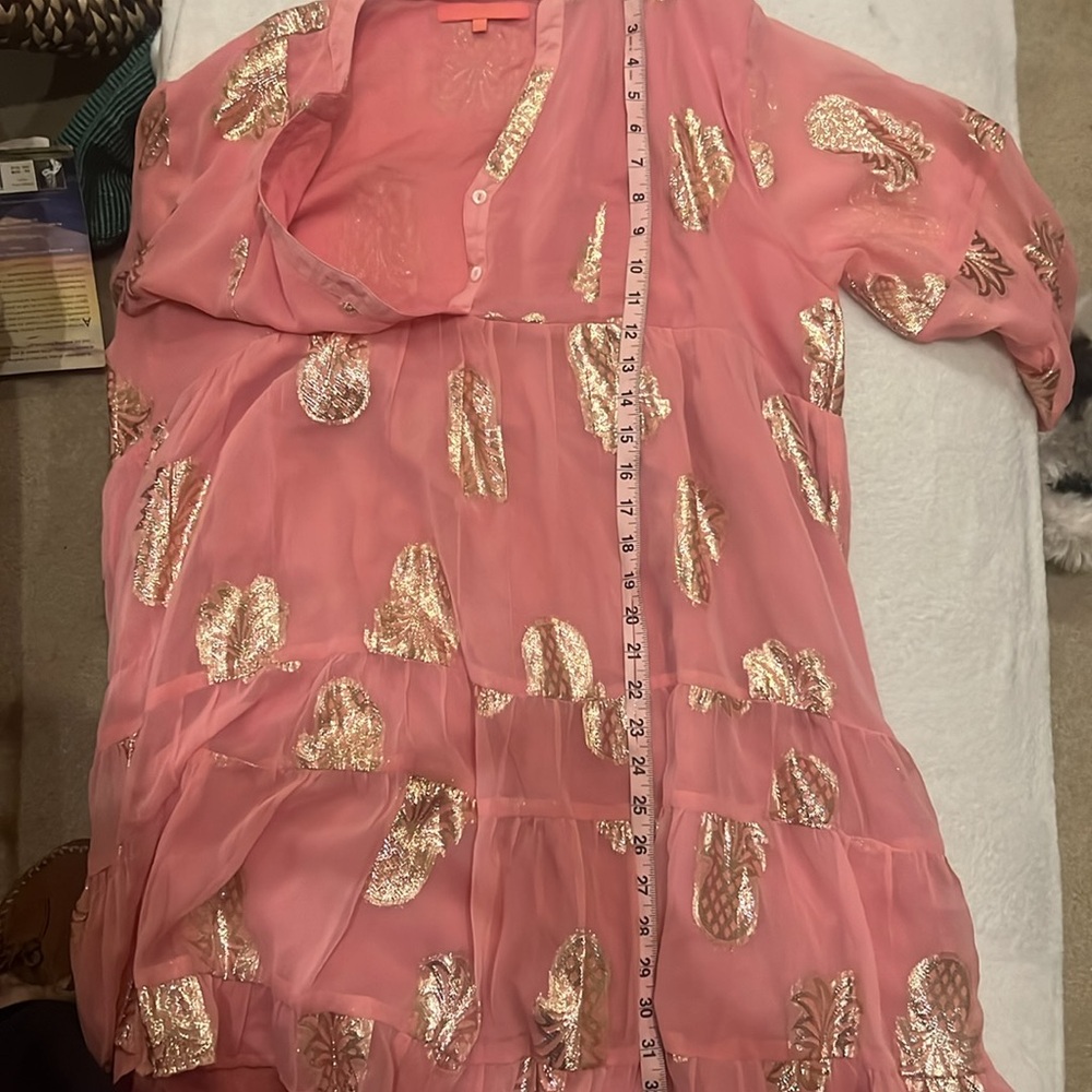 Simply Southern pink gauzy tiered short dress foiled tinsel gold pineapples XXL - Picture 10 of 13